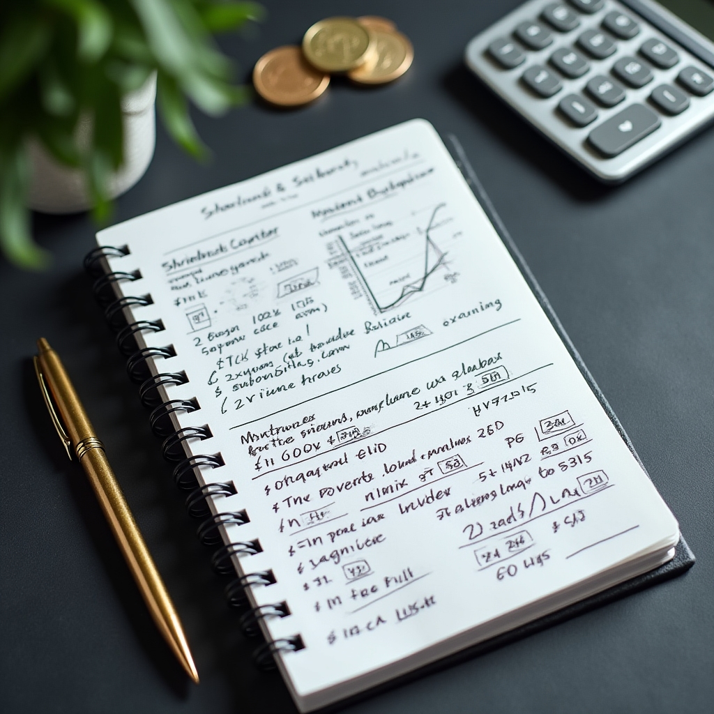 Quaderno con appunti su finanza personale e calcolatrice