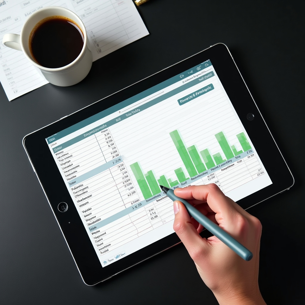 Foglio di calcolo con bilancio personale mensile aperto su tablet