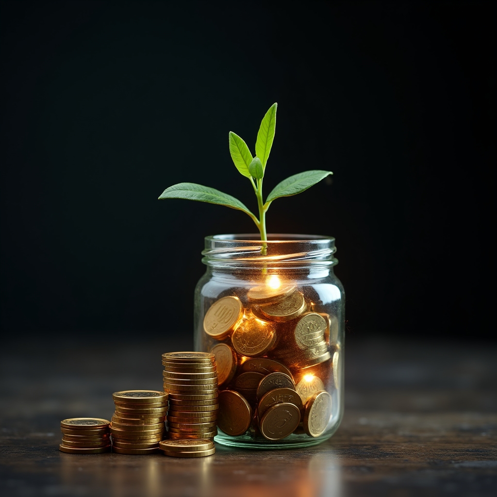 Barattolo di vetro con monete impilate che rappresenta il risparmio progressivo del TFR