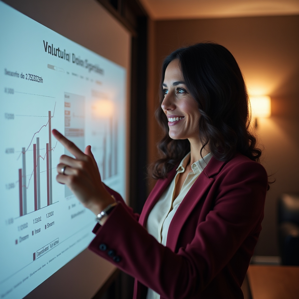 Docente esperta di contributi previdenziali che spiega grafici su lavagna