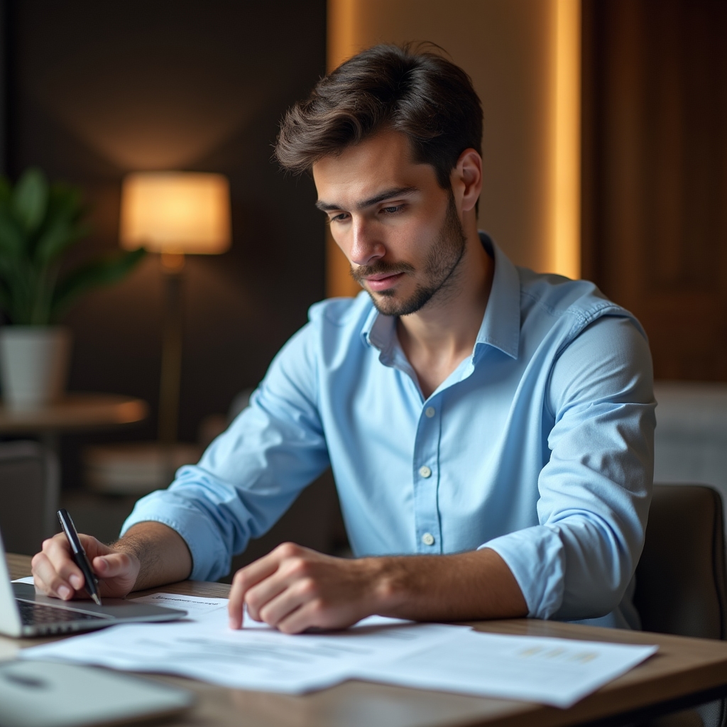 Giovane lavoratore che studia documenti finanziari alla scrivania